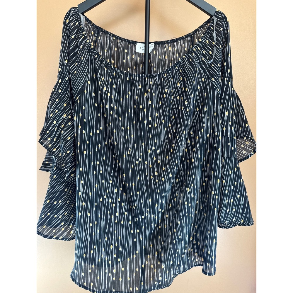 Janette Plus Womens 1XL Off‎ Shoulder Ruffle Sleeve Blouse Black Yellow Striped
